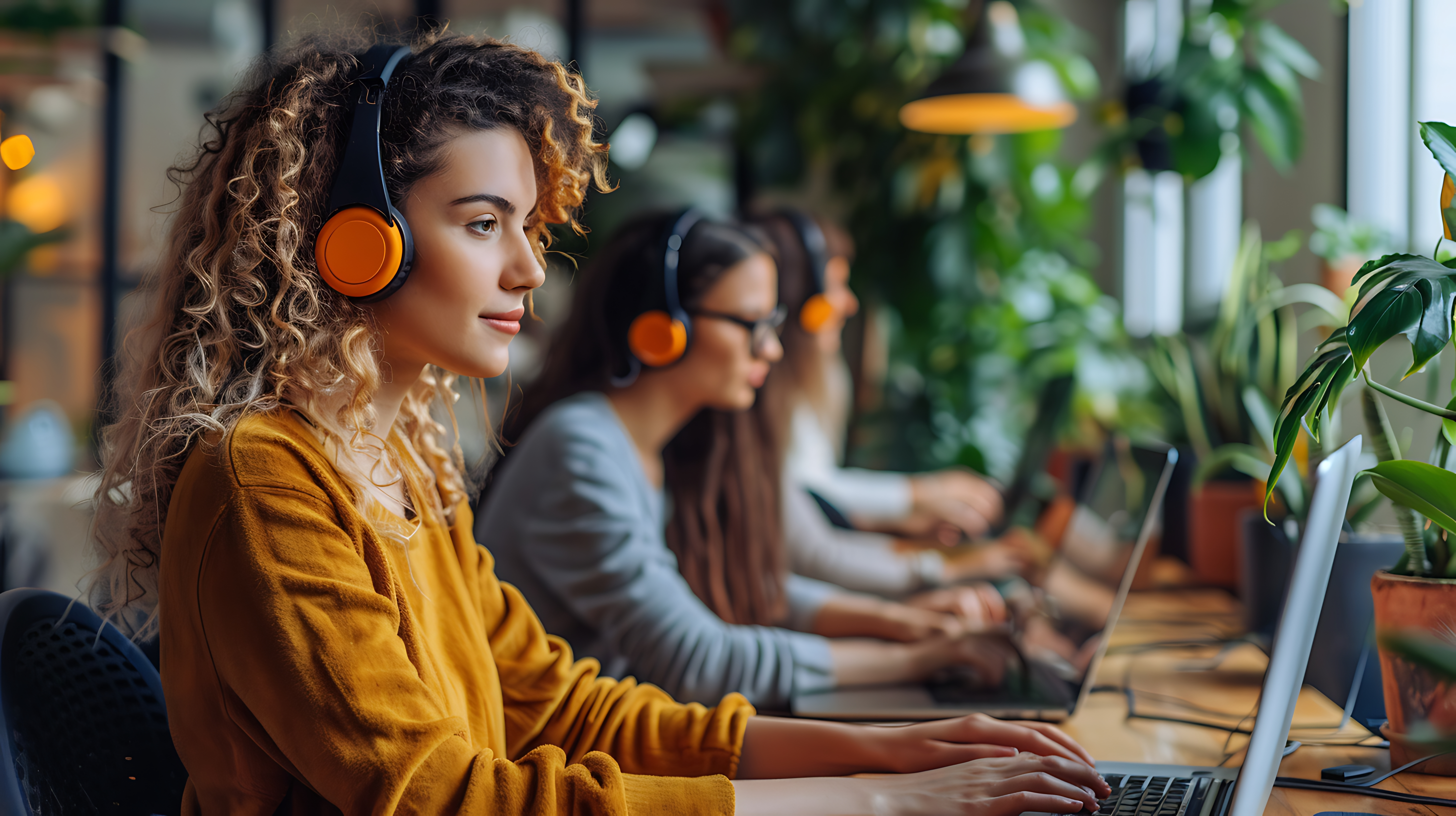 A girl wearing headphones working in internet support for businesses.